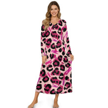 Soft Women's Nightgown – Button-Up, Full-Length, Long Sleeve, Pink Leopard Print Loungewear, XL, Compatible with Sleepwear