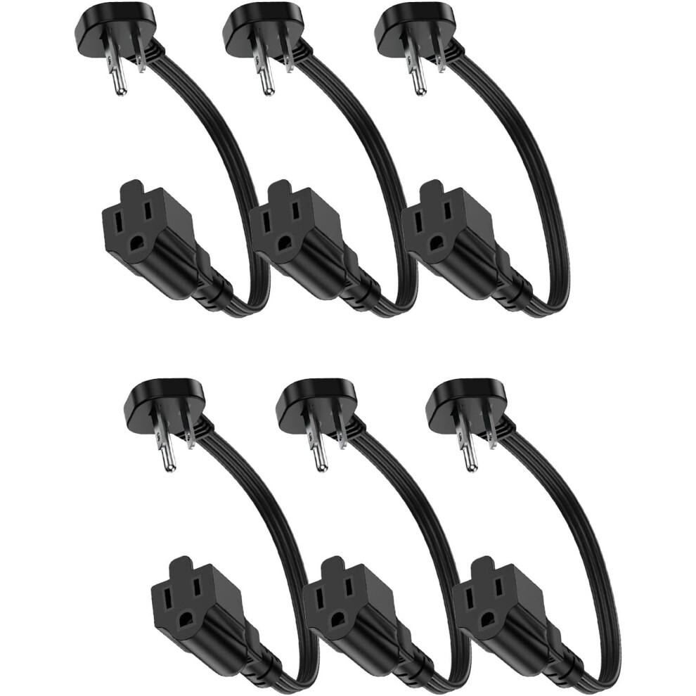 Flat Plug Short Extension Cord 1Ft Low Profile Adapter 3 Prong Indoor Small Grounded Power Cable Outlet Saver 16Awg 13A 1625W Black 6 Pack 9479868411364