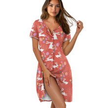 Roupão e camisola feminina de manga curta com botões, vestido leve para relaxar, tamanho 3XL – Estampa de coelhinho da Páscoa, ovo, flor e fogos