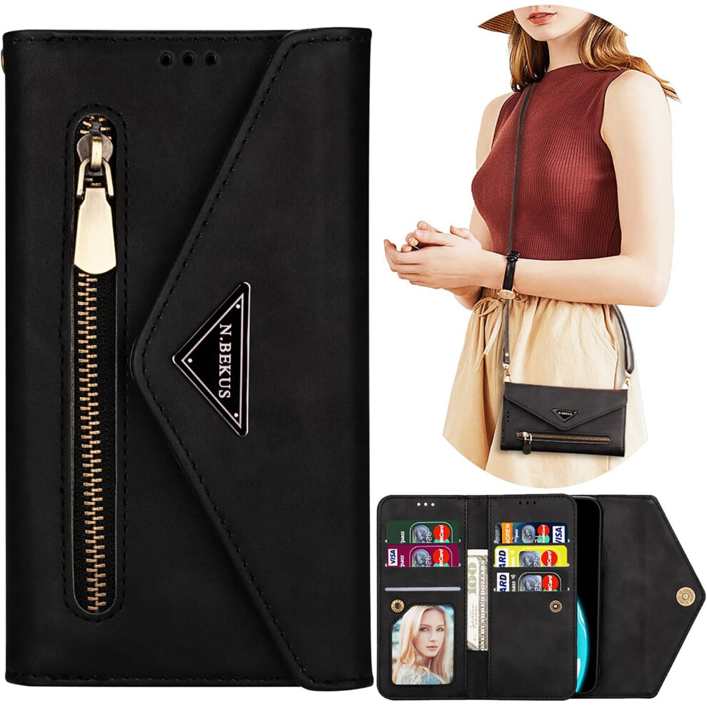 Ccsamll Crossbody Wallet Case For Samsung Galaxy S25 5G & S24 Â Zipper Pocket, 9-Card Slot, Neck Strap, Black 9479868032651