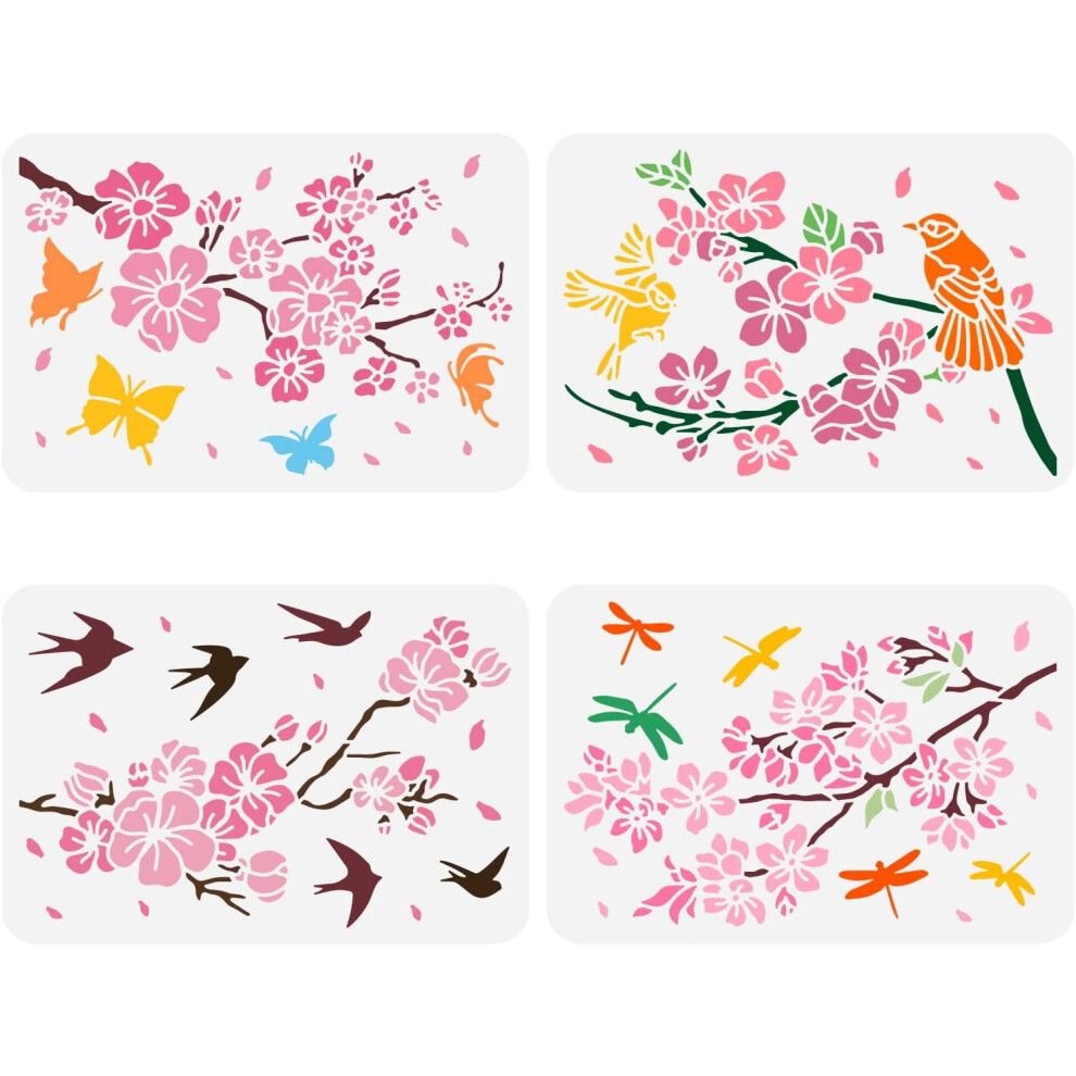 4Pcs Cherry Blossom Stencil 8.3X11.7in, Reusable Spring Flower & Bird Painting Template For Wood, Wall, Furniture Â Compatible With Diy 9028731030814