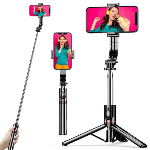 Tripé portátil para celular com bastão de selfie de 44 polegadas, controle remoto sem fio, extensível, compatível com iPhone, Android e Samsung.