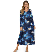 Soft Full-Length Nightgown for Women, Long Sleeve Sleepdress with Buttons, Lightweight & Cozy – Compatible with Winter/Fall Home Wear, 4XL, Blue