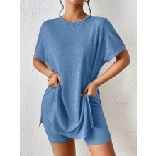 Dames tweedelige zomer loungeset – top met korte mouwen en zijsplit & bijpassende shorts, casual trainingspak, maat L