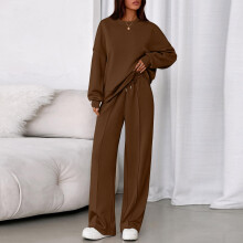 Conjunto casual de otoño de 2 piezas para mujer: sudadera con capucha de manga larga y pantalón ancho, color marrón, talla XL.