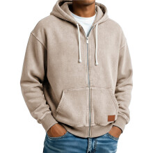 Herrehættetrøje med lynlås og vasket, slidt look, forår/efterår, afslappet hættetrøje, khaki, XL