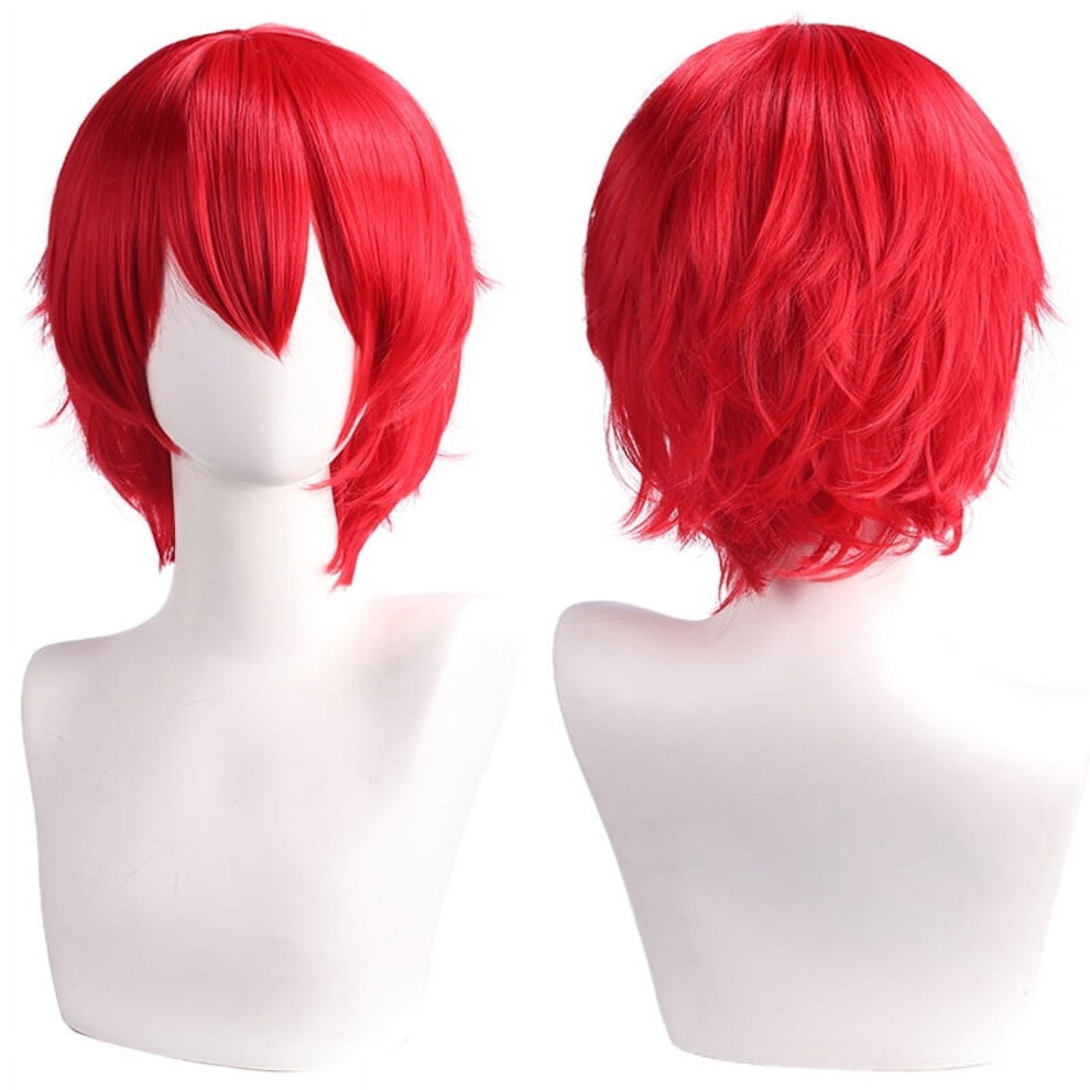 Unisex Red Short Anime-Style Cosplay Wig, Fluffy Laye Heat-Resistant Synthetic Hair, With Bangs, Ideal For Costume Parties, Prom & Themed Eventsï¼