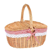 Coș de picnic din răchită împletit manual, cu capac și mâner, coș de depozitare din răchită pentru