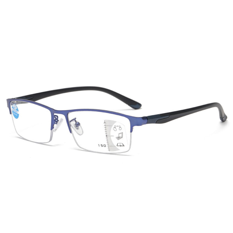 Blue Men Frame Progressive Reading Glasses 2.00, Metal Rectangle Half Rimless Business Multifocus Readers +2.00 Strength (Not Photochromic)