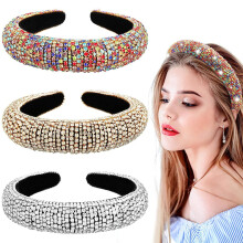 Windfall Women Handmade Boho Rhinestone Headband Soft Velvet Padded Lining Hair Hoop Bridal Elegant Wedding Wide Headwear Accessories