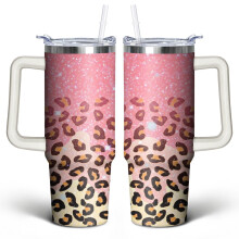 Pinkfarbener Leoparden-Becher (887 ml), Edelstahl, vakuumisoliert, mit Griffdeckel und Strohhalm – Süßes Geschenk für Frauen, Männer und