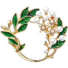 Broșă elegantă cu coroană de flori în formă de frunze de măslin – broșă rotundă cu perle și nuanțe aurii pentru femei/bărbați,