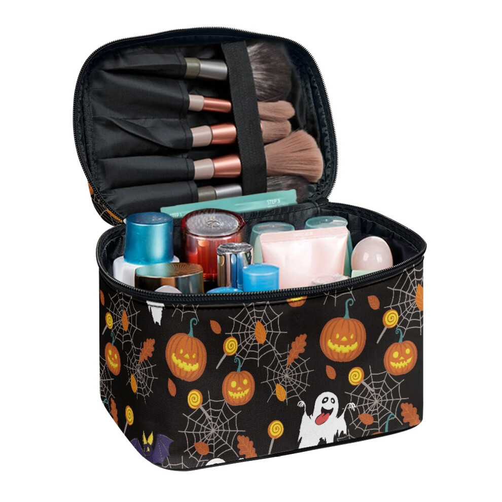 Pumpkin Spider Web Pattern Double Layer Travel Makeup Bag Double Zip Large Capacity Cosmetic Bags Wide Open Portable Pouch Friend Home Travel Office