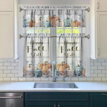 Keukengordijnenset met herfstpompoenmotief (valance van 137 x 46 cm + vitrage van 69 x 91 cm), landelijke Thanksgiving-oogstdecoratie, 3 panelen –