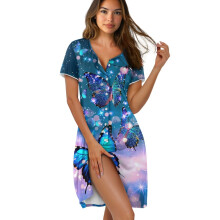 Women's Short Sleeve Nightgown Pajama Dress, Button Down, Above Knee, Blue Butterfly Sparkle Print, 3XL, Compatible with Home & Bedroom