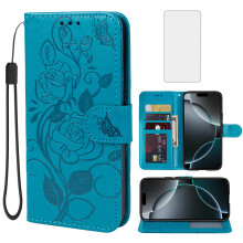 Wallet Case with Card Holder for iPhone 16 Pro, Leather Flip Cover with Tempered Glass and Floral Design