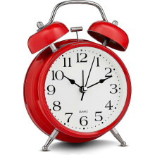 Piao Red Analog Alarm Clock Extra Loud Twin Bells Retro White Silent Non-ticking Quartz Battery Operated with Backlight, Decorative Bedside Table Desk