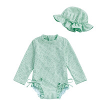 Baby Pige Tøj Langærmet Romper Blomster Hallow Out Sommer Sødt Outfit Med Hue 2PCS Sæt Trendy Heldragter