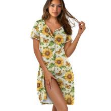 Women's Short Sleeve Button-Down Nightgown, Sunflower Butterfly Retro Sleep Dress, Above Knee, Casual Home Wear, M, Compatible with Standard Sizing
