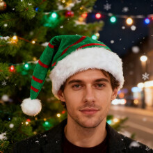 Festive Santa Hat with Golden Thread Velvet & Striped Design – Ideal for Christmas, Family Gatherings & Holiday Parties
