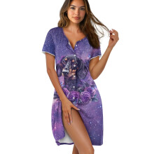 Women's Short Sleeve Button-Down Nightgown – Lightweight Summer Sleepwear, S, Dachshund Dog Rose Galaxy Violet – Compatible with Dachshund-themed