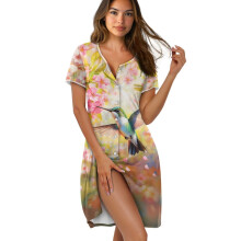 Women's Short Sleeve Nightgown - Hummingbird Flower Pattern, Button-Down, Crew Neck, Comfortable Sleep Dress, 3XL, Compatible with Home Use