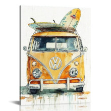 Retro Beach Surfing Van Canvas Wall Art, 12x16in – for Living Room, Bathroom, Bedroom, Office Decor