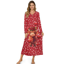 Women's Long Sleeve Nightgown, Cozy Full-Length Sleep Dress with Highland Cow Heart & Balloon Polka Dots Print – Red, 3XL, Compatible with