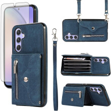 Phone Case for compatible with Samsung Galaxy A25 5G – Wallet Cover, HD Screen Protector, Wrist Strap, Card Holder, Stand