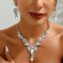 Rhinestone Crystal Bridal Art Deco Floral Wave Teardrop Necklace Earrings Bracelet Jewelry Set