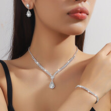 Elegant Silver Prom Jewelry Set: Crystal Rhinestone Necklace, Earrings & Bracelet – Compatible with Prom Dresses