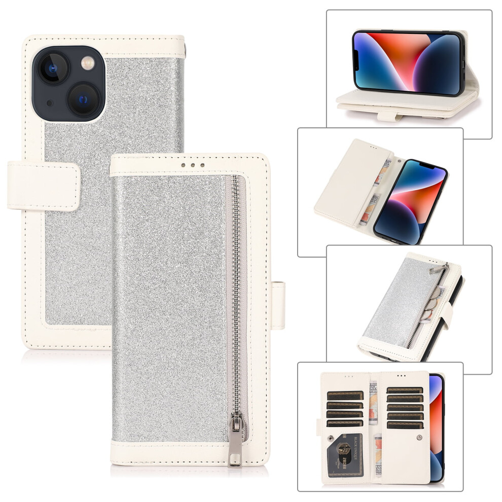 Sparkle Glitter Wallet Case For Iphone 13 Â Pu Leather Flip With Card Holder, Magnetic Kickstand, Zipper, Wrist Strap, Silver 9479868136304