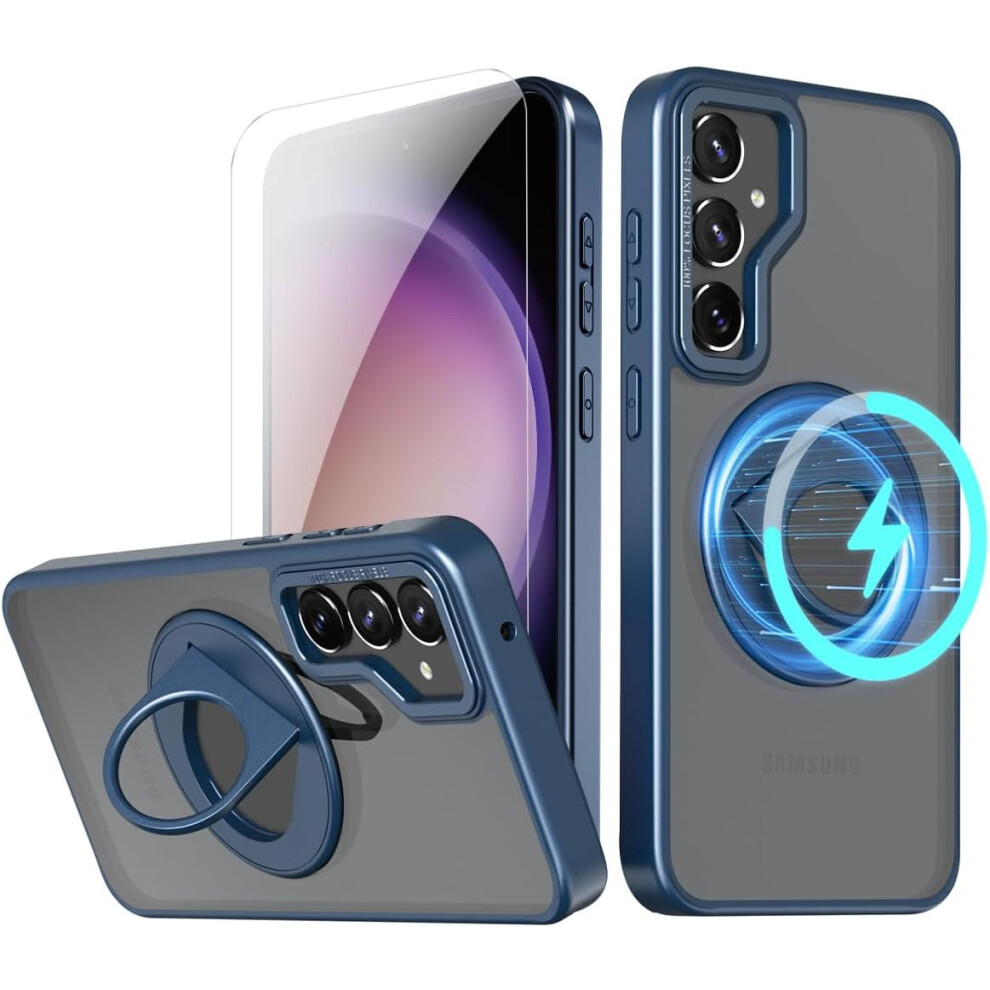 Compatible With Samsung Galaxy S23 Fe Phone Case + Tempered Glass, Magsafe Wireless Charging, 360 Rotatable Kickstand, Shockproof Cover Blue 9479868132528