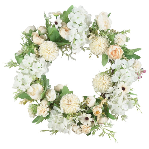 White Peony Embroidered Wreath 16 inch