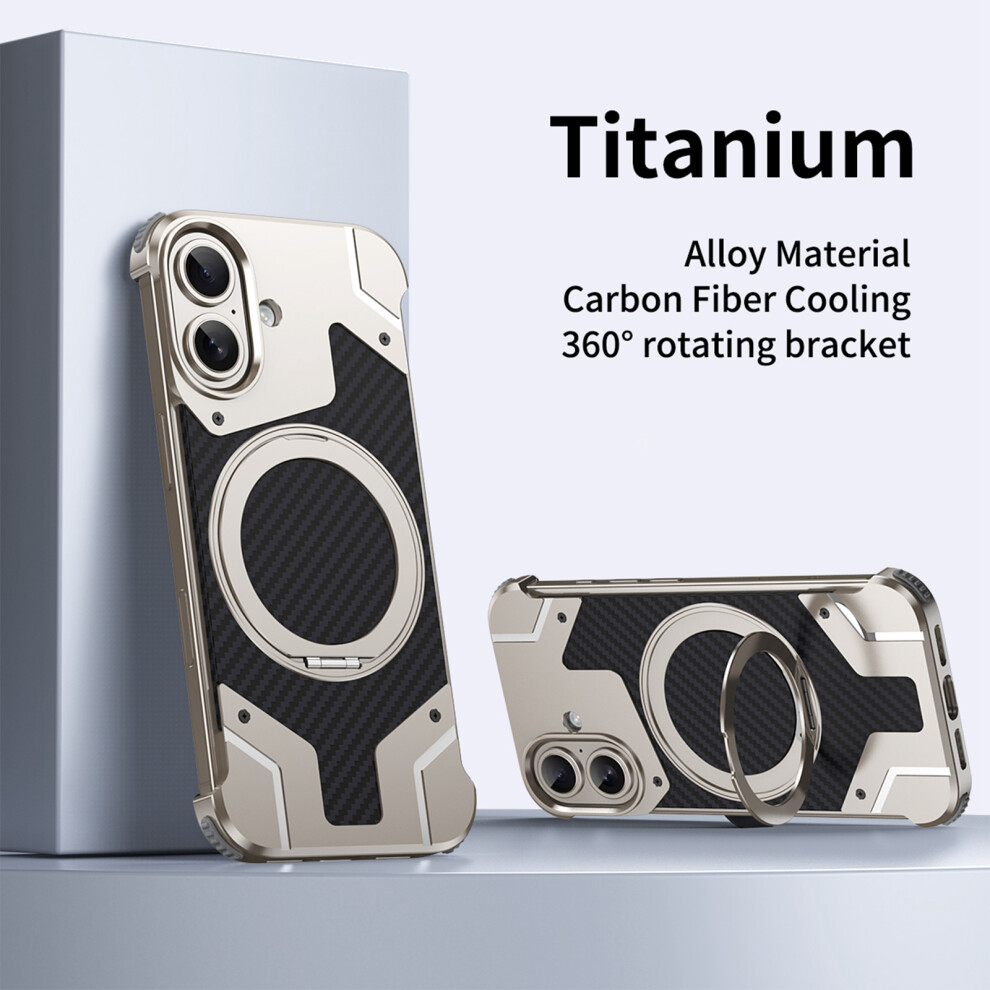 Metal Frameless Case For Iphone 16: Shockproof Aluminum-Carbon Fiber, Magsafe-Compatible, 360 Rotating Stand, Titanium Finish 9479868136335