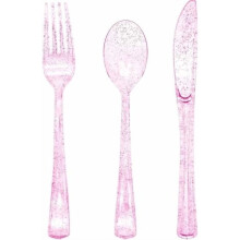 Ensemble de couverts en plastique rose pailleté (150 pièces)