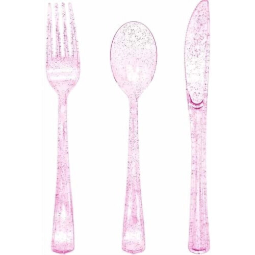 Roze glitter plastic bestekset 150 stuks