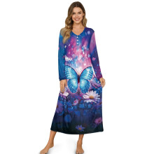 Women's Button-Front Nightdress, Long Sleeve Soft Lounging Dress, Full-Length Nightgown, Loose Housecoat, 3XL, Butterfly/Daisy/Galaxy Print