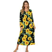 Women's Long Sleeve Button-Front Nightgown – Soft, Breathable, Full-Length Sleepshirt & Lounge Dress, 2XL, Sunflower Black – Compatible with