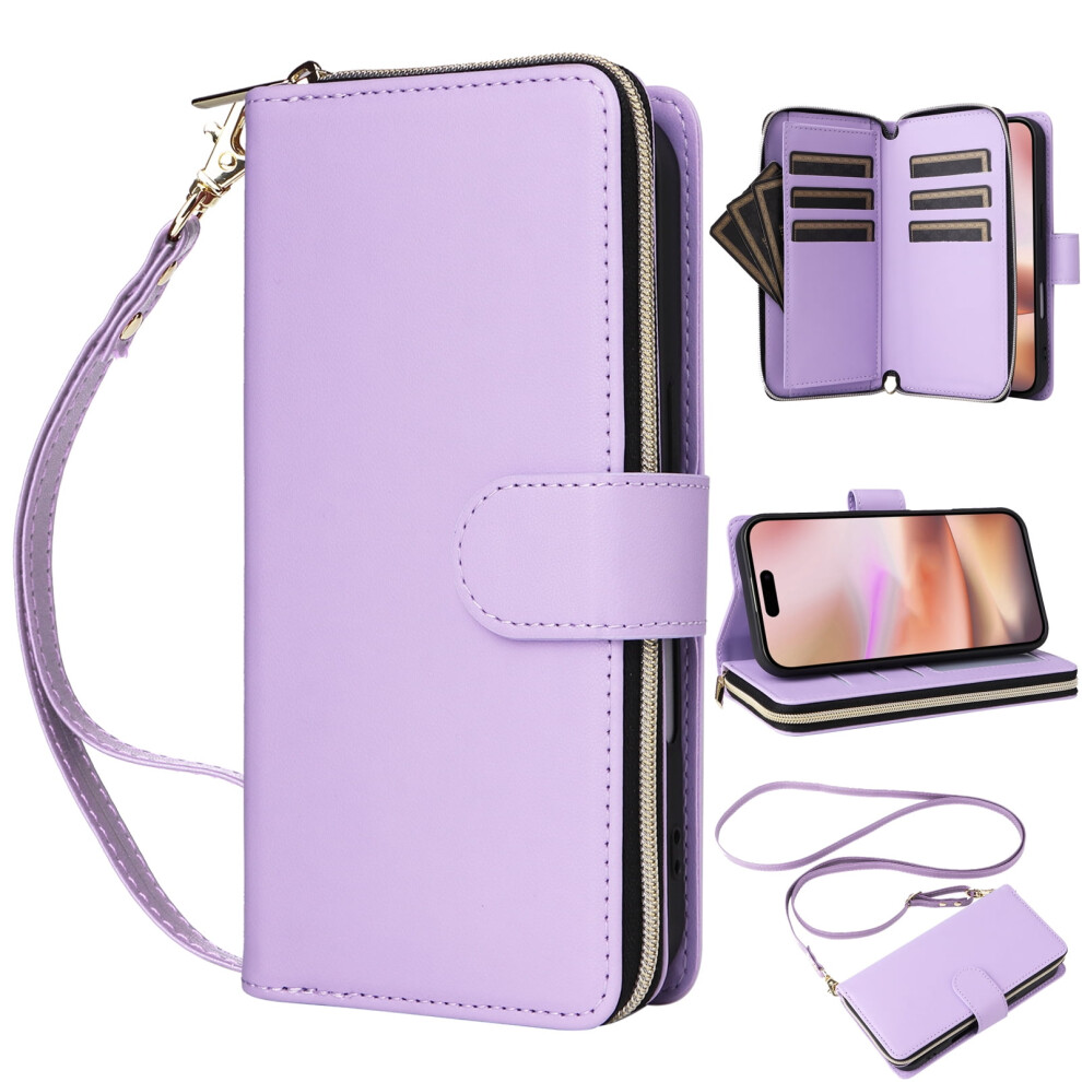 Crossbody Wallet Case For Iphone 16 Â Soft Pu Leather, 9-Card Slots, Kickstand, Zipper Flip Cover With Wrist Strap Purple 9479868133198