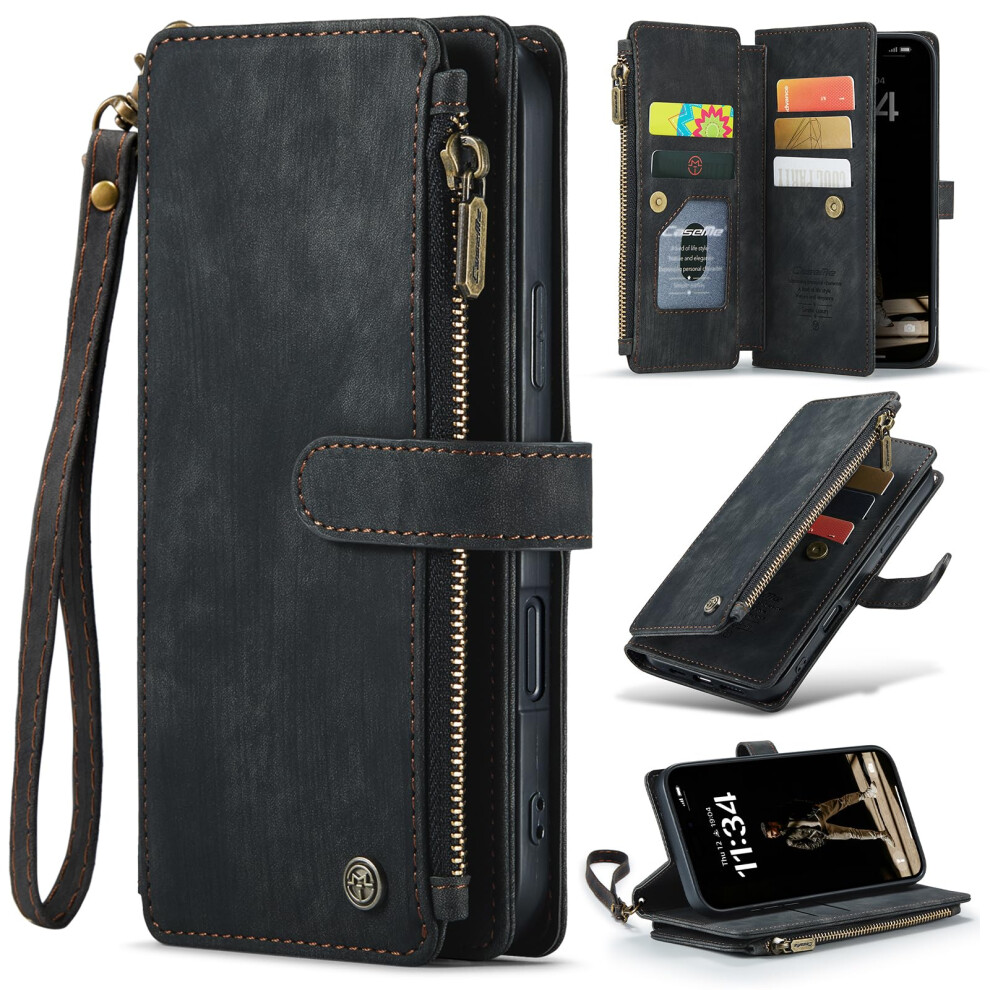 Wallet Case For Iphone 16 Leather Flip With Card Holder Zipper Pocket Magnetic Closure Shockproof Black 9771547565185