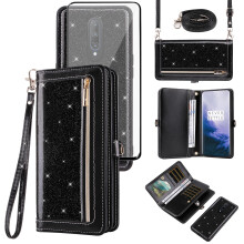 Zipper Wallet Case with Strap and Screen Protector, Bling Glitter Flip Cover with Card Holder for OnePlus 7 Pro