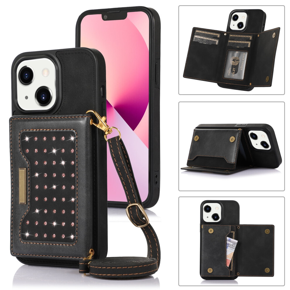 Women's Crossbody Wallet Case For Iphone 14 Â Pu Leather Bling Flip Cover With Credit Card Pocket, Strap & Lanyard, Black 9479868133853