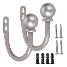 (Silver) Round Finials Curtain Holdbacks, Decorative Curtain Hooks Wall Mounted, Ball Finials Hooks For Drapery, Set Of 2, Brushed Nickel U- Hook