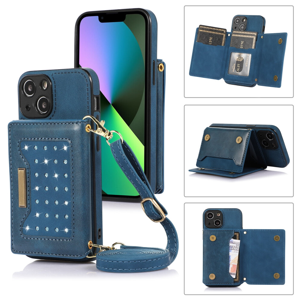 Crossbody Wallet Case For Iphone 13 Â Pu Leather With Credit Card Pocket, Diamond Design, Strap & Bling Flip Cover Blue 9479868133990