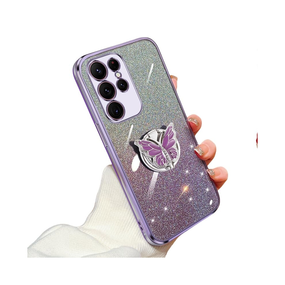 Case For Samsung Galaxy S22 Ultra Glitter Silicone Cover With Butterfly Ring Kickstand Shockproof Slim Design Purple 9771547568797