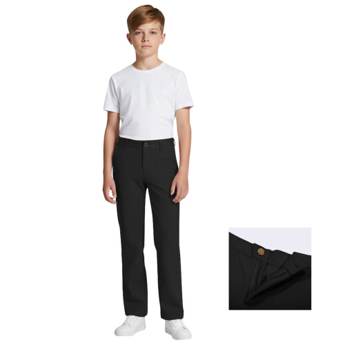 Boys' Stretch Chino Pants with Pockets – Pull-On School Uniform Pants, Black, Ages 13–14