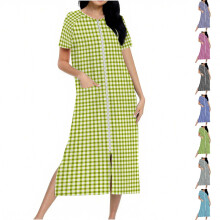 Accappatoi da donna con cerniera frontale, maniche corte, vestaglia da casa, camicia da notte lunga con tasche, abbigliamento comodo per la casa.