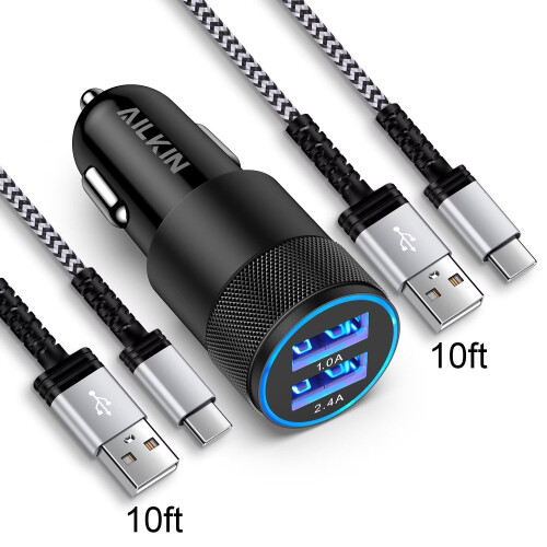 Adaptor încărcător auto USB-C, pachet de 3, cu 2 cabluri de 3 m, încărcare rapidă, compatibil cu Android