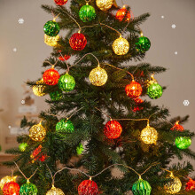 Battery-Powered Christmas String Lights Set, 10 LED Ball Lights (7.1in), Indoor/Outdoor Use, Vintage Holiday Decor